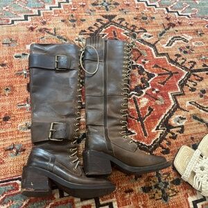 Womens Jeffrey Campbell Tamara brown distressed knee boots